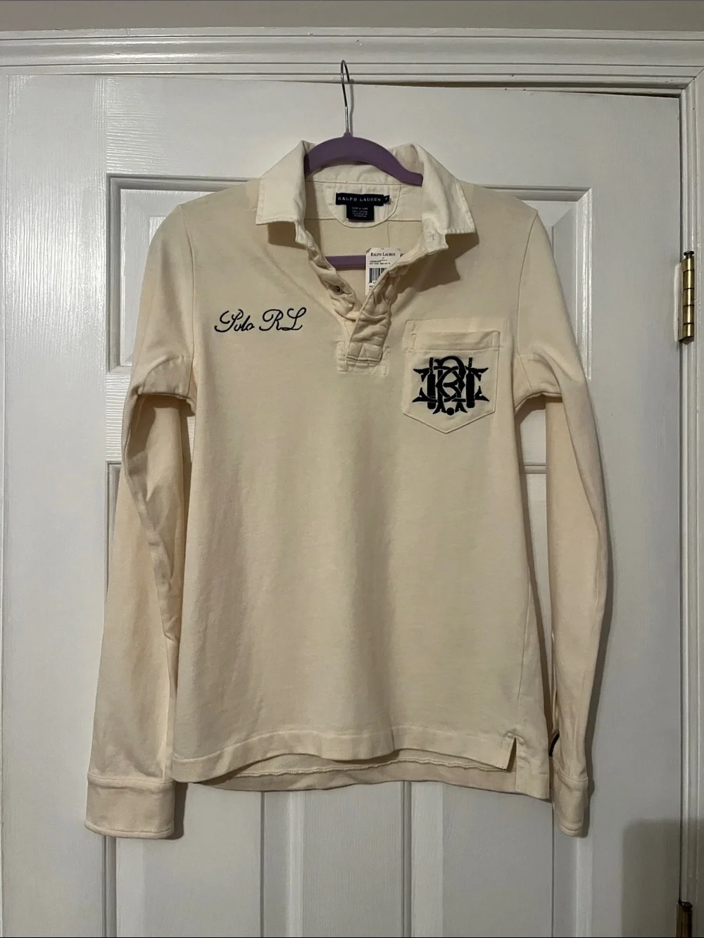 Ralph Lauren Cream Long Sleeve Rugby Polo with Embroidered Crest